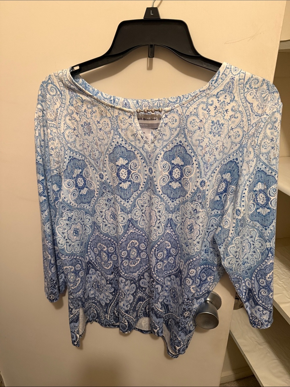 Alfred Dunner Blue and White Paisley Long Sleeve Blouse